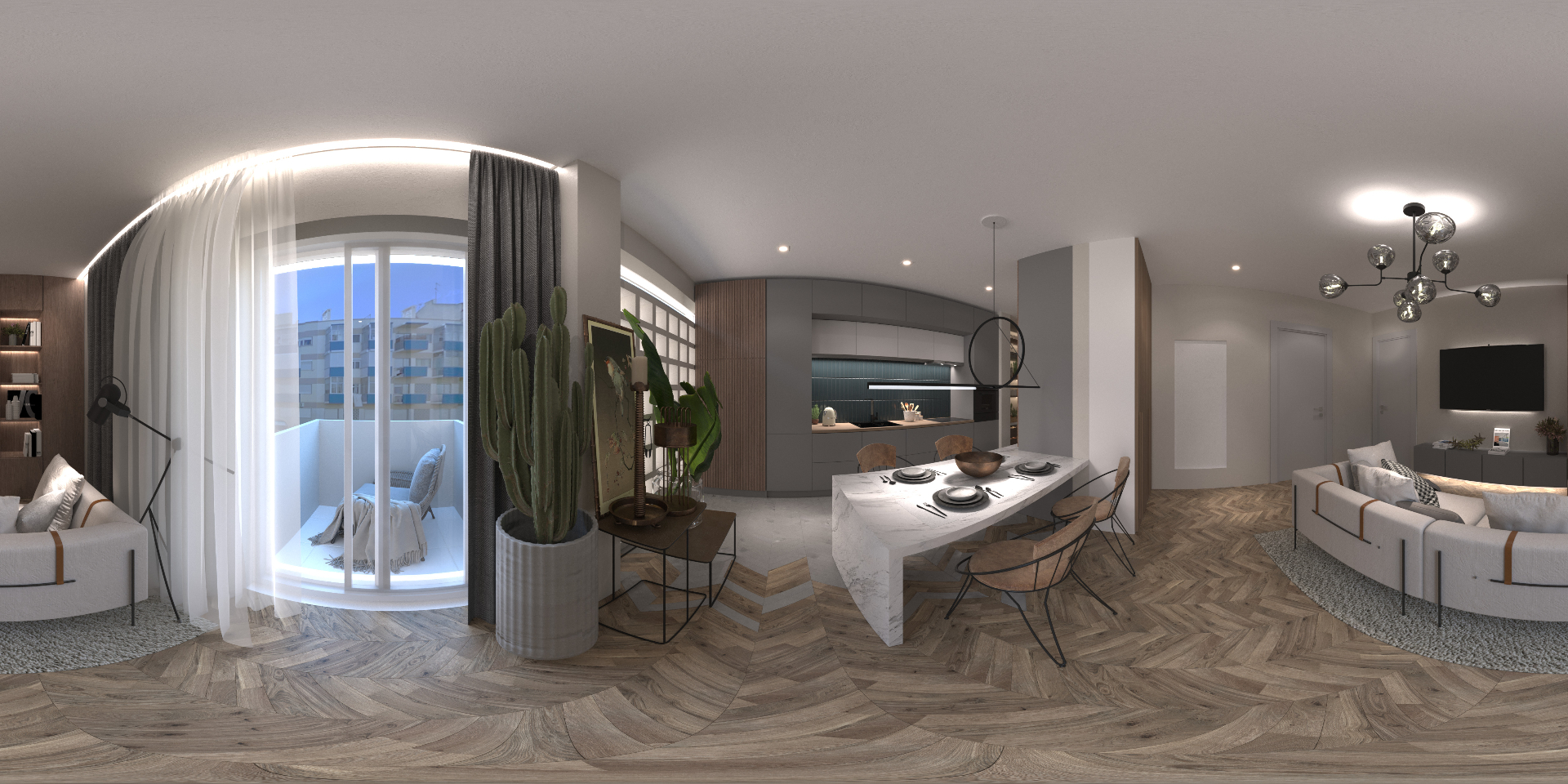 Visita virtual 360° — sala e cozinha em open-space