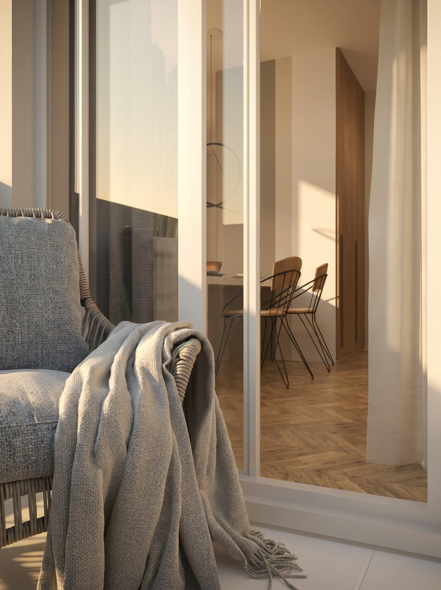 Apartamento em Portugal — varanda com cadeirão e vista para o interior