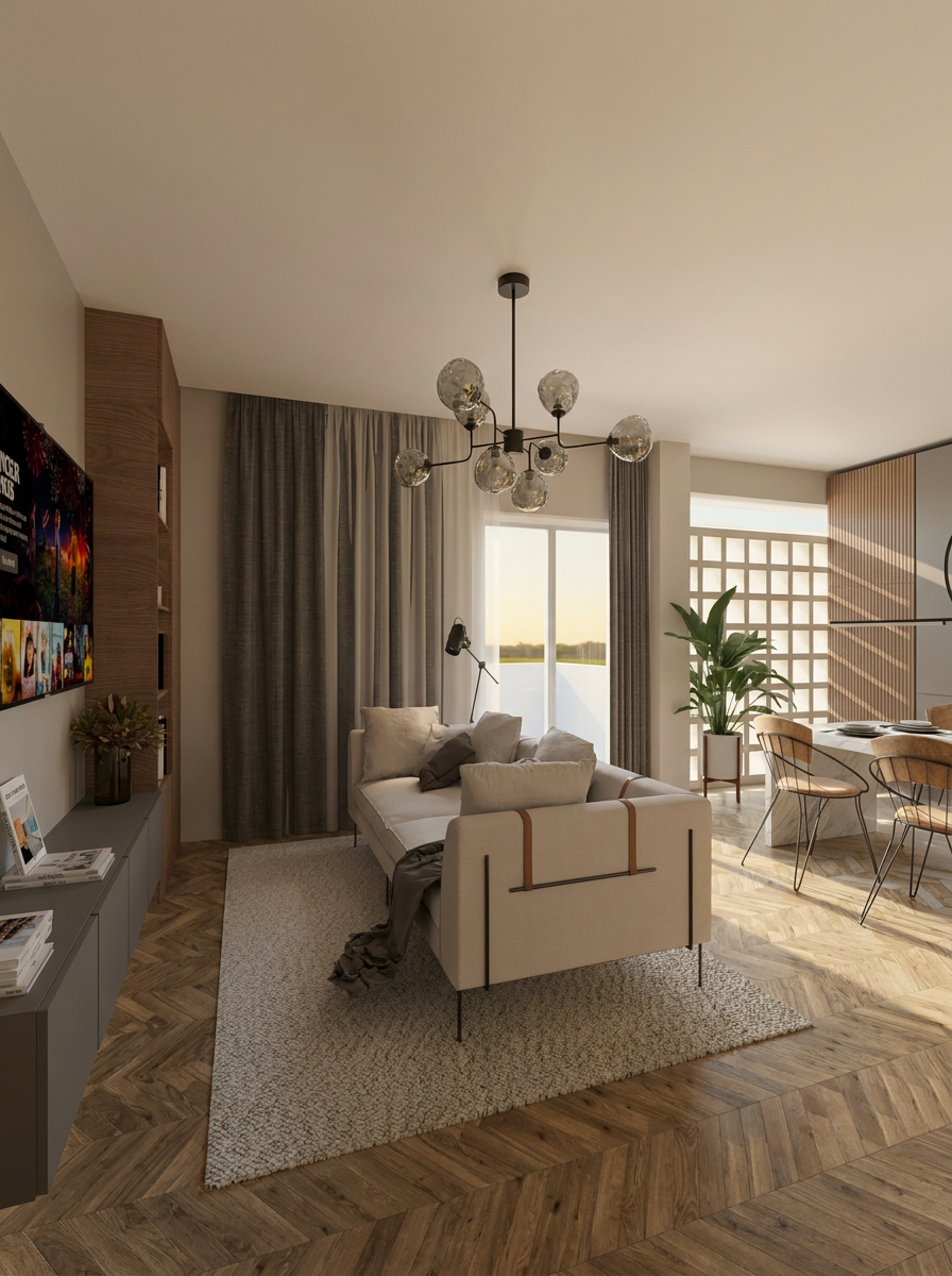 Sala de estar com sofá modular e jantar integrado