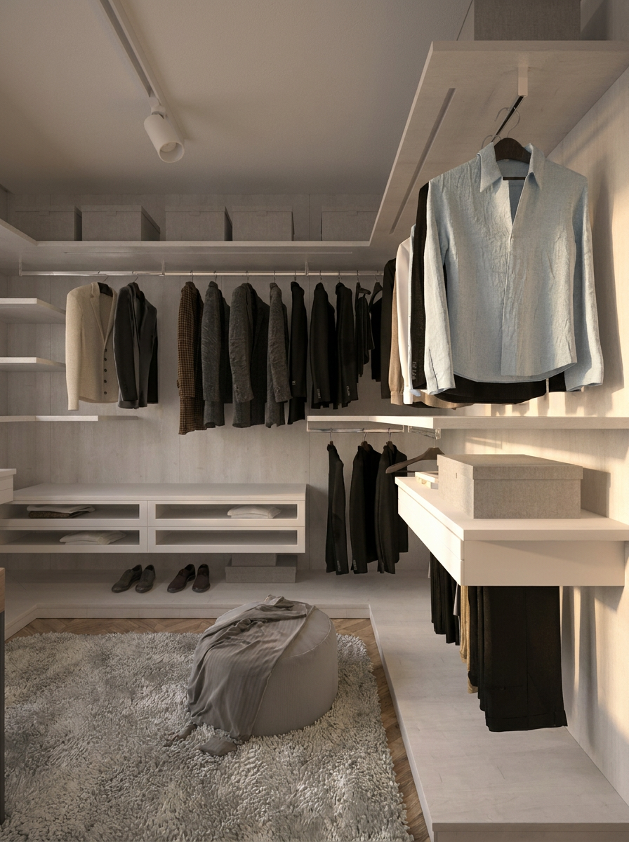 Closet aberto com arrumação em nichos e tapete em lã