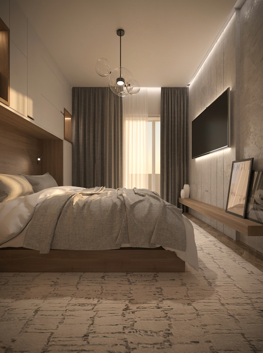 Quarto principal com painel em madeira e iluminação difusa