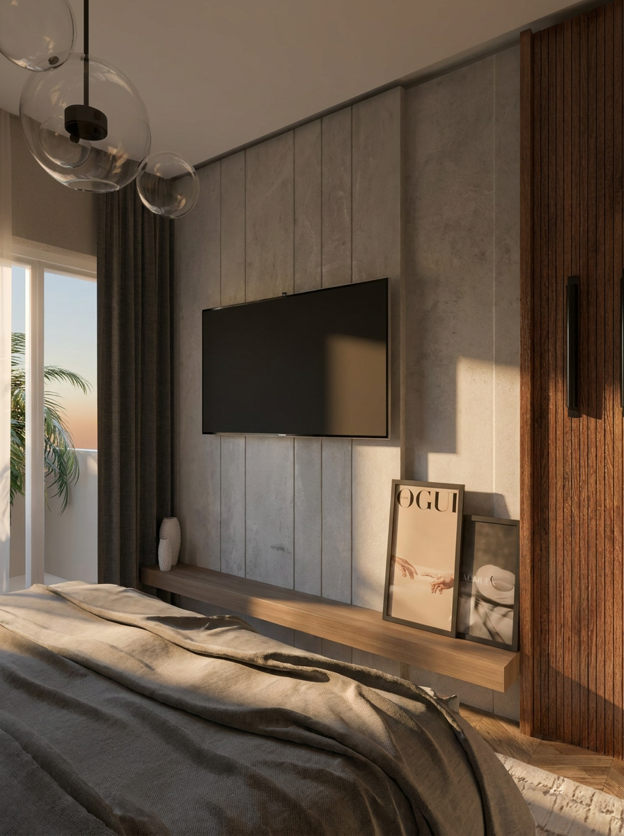Detalhe do quarto — painel em betão e prateleira em madeira