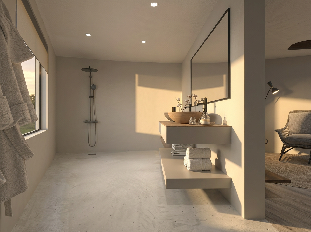 Casa de banho em tons neutros com duche e lavatório em madeira