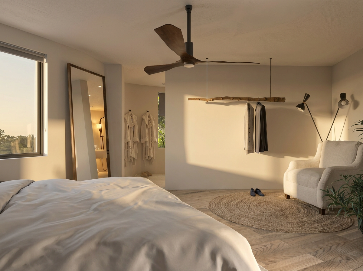 Quarto com cama de casal, ventoinha de tecto e cabide em madeira