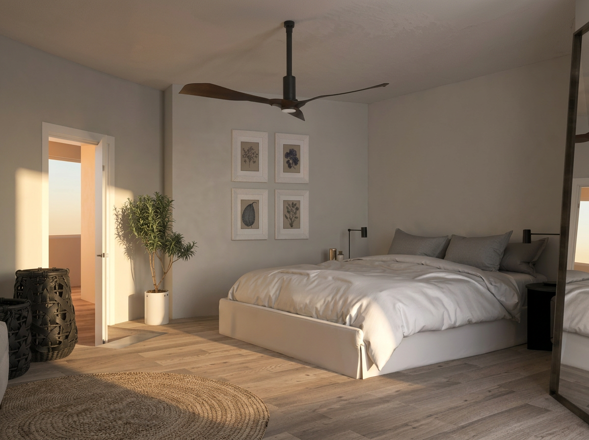 Quarto com cama de casal e quadros botânicos na parede