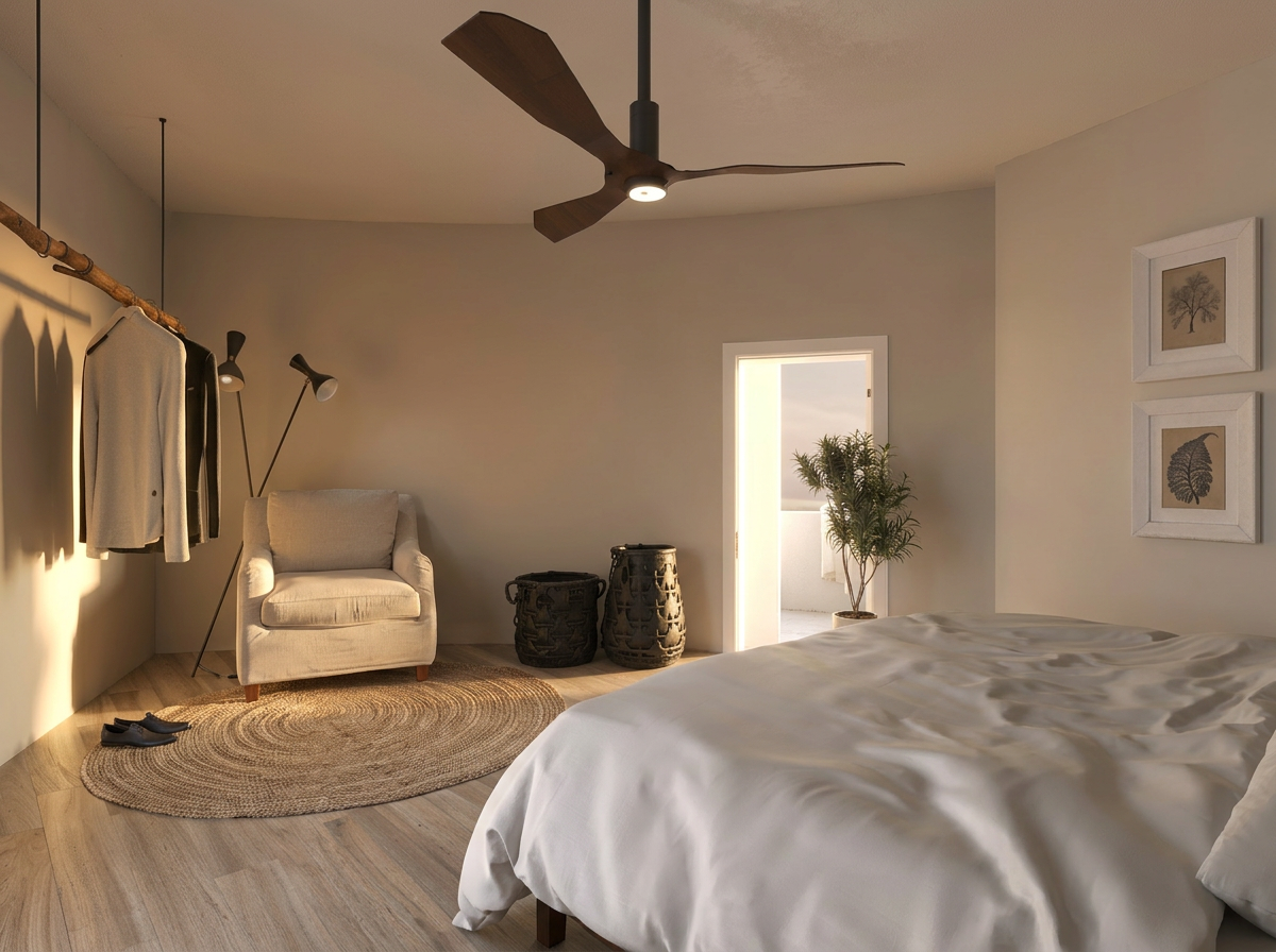 Quarto com cadeirão, cabide em madeira e tapete em juta