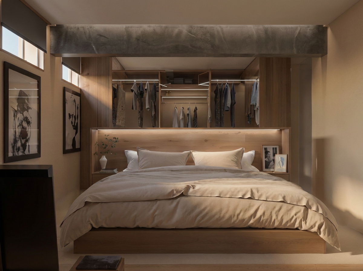 Quarto em Cascais com closet aberto e iluminação difusa