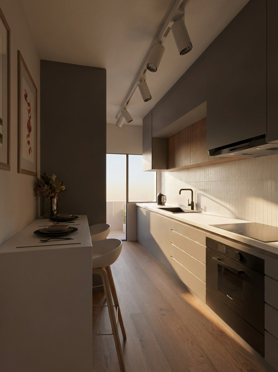 Remodelação de cozinha em Oeiras com bancada integrada e luz dourada
