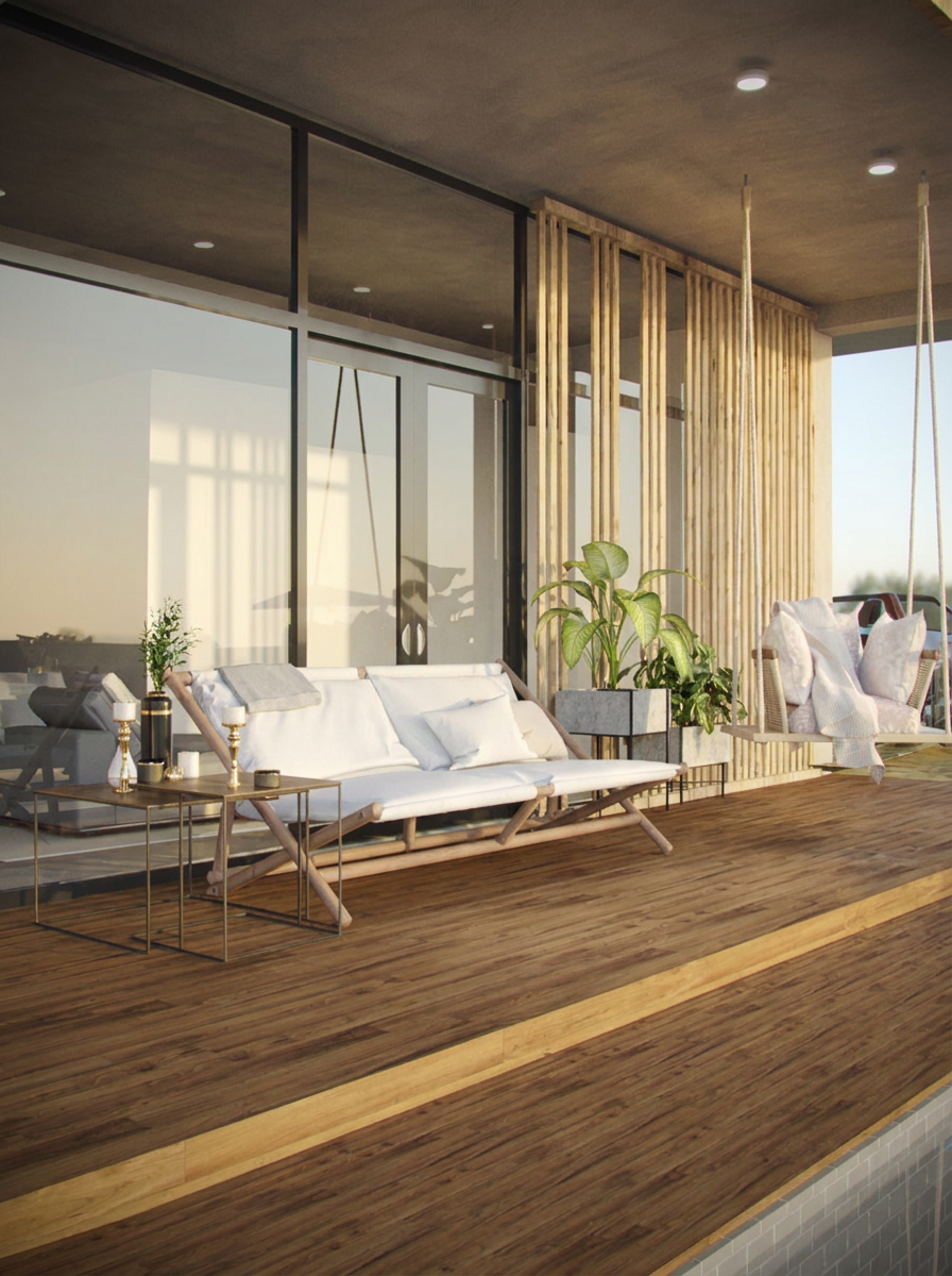 Deck exterior em madeira com sofá branco e cortina de bambu