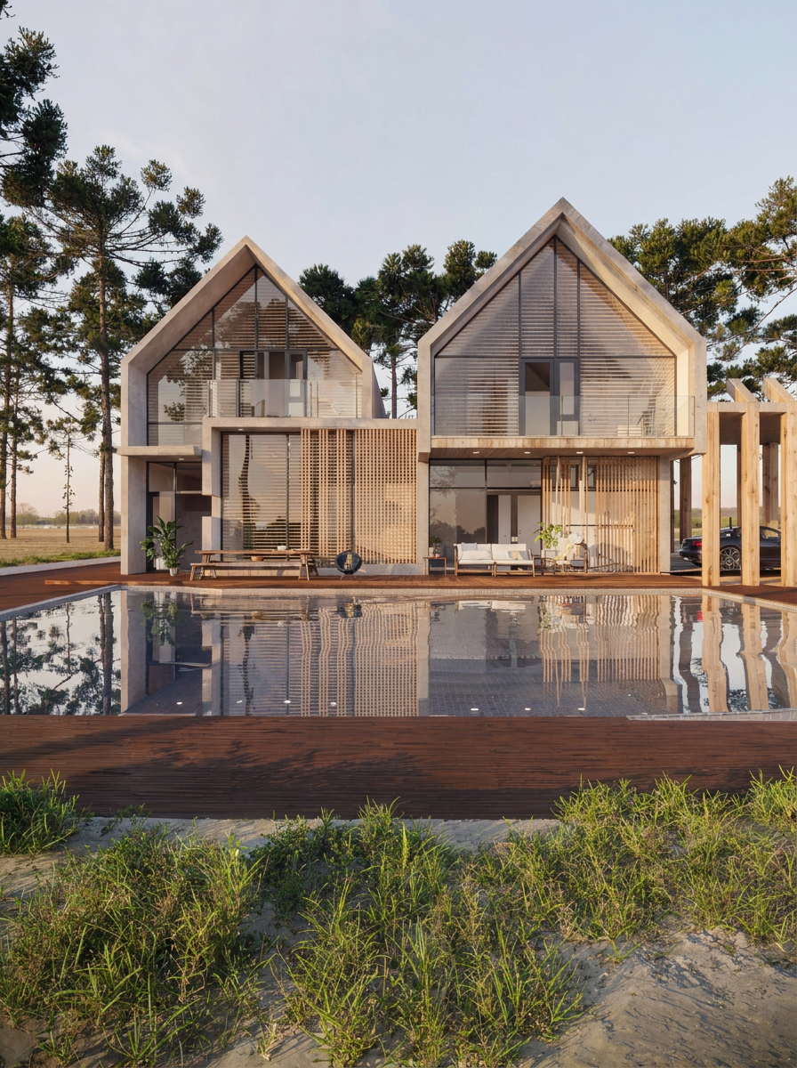 Vivenda na Comporta — vista frontal com piscina e duas casas em duas águas