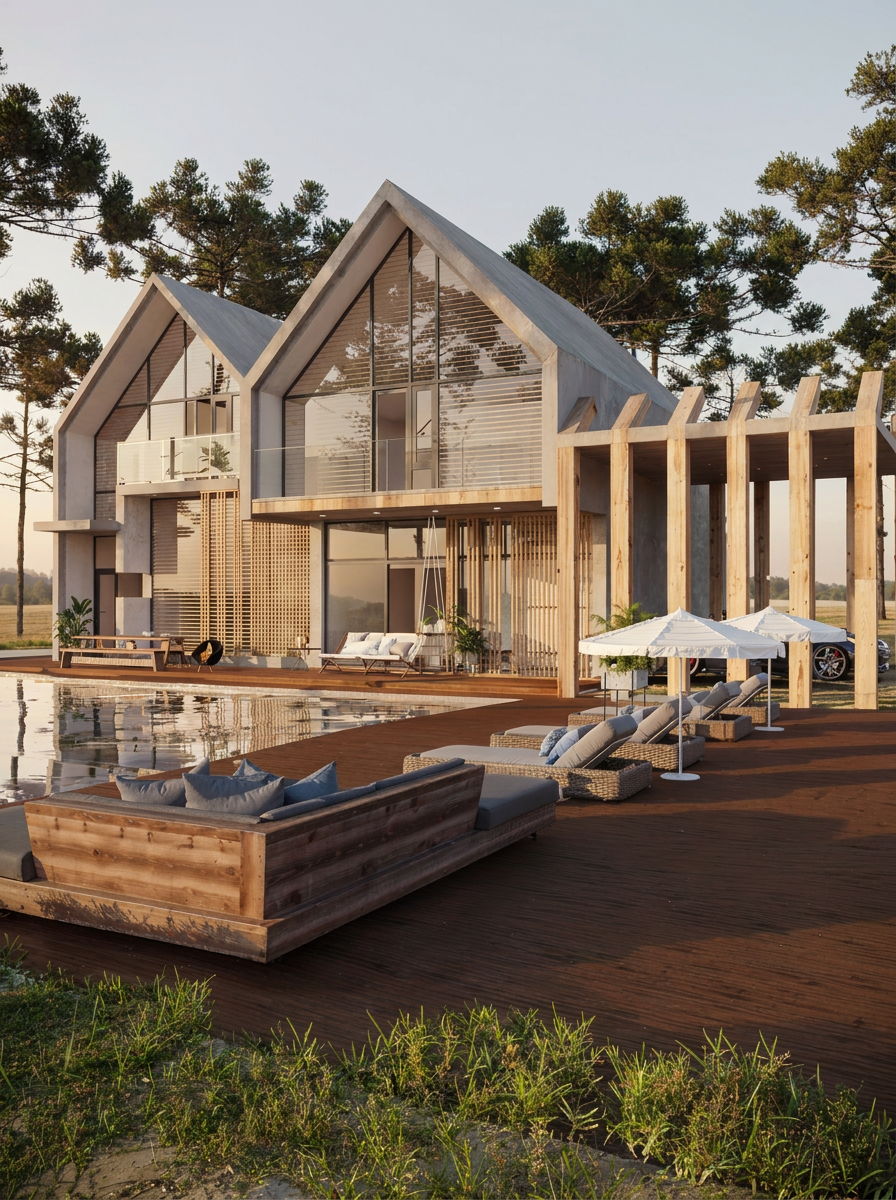 Vivenda na Comporta — vista lateral com pérgola e zona de espreguiçadeiras