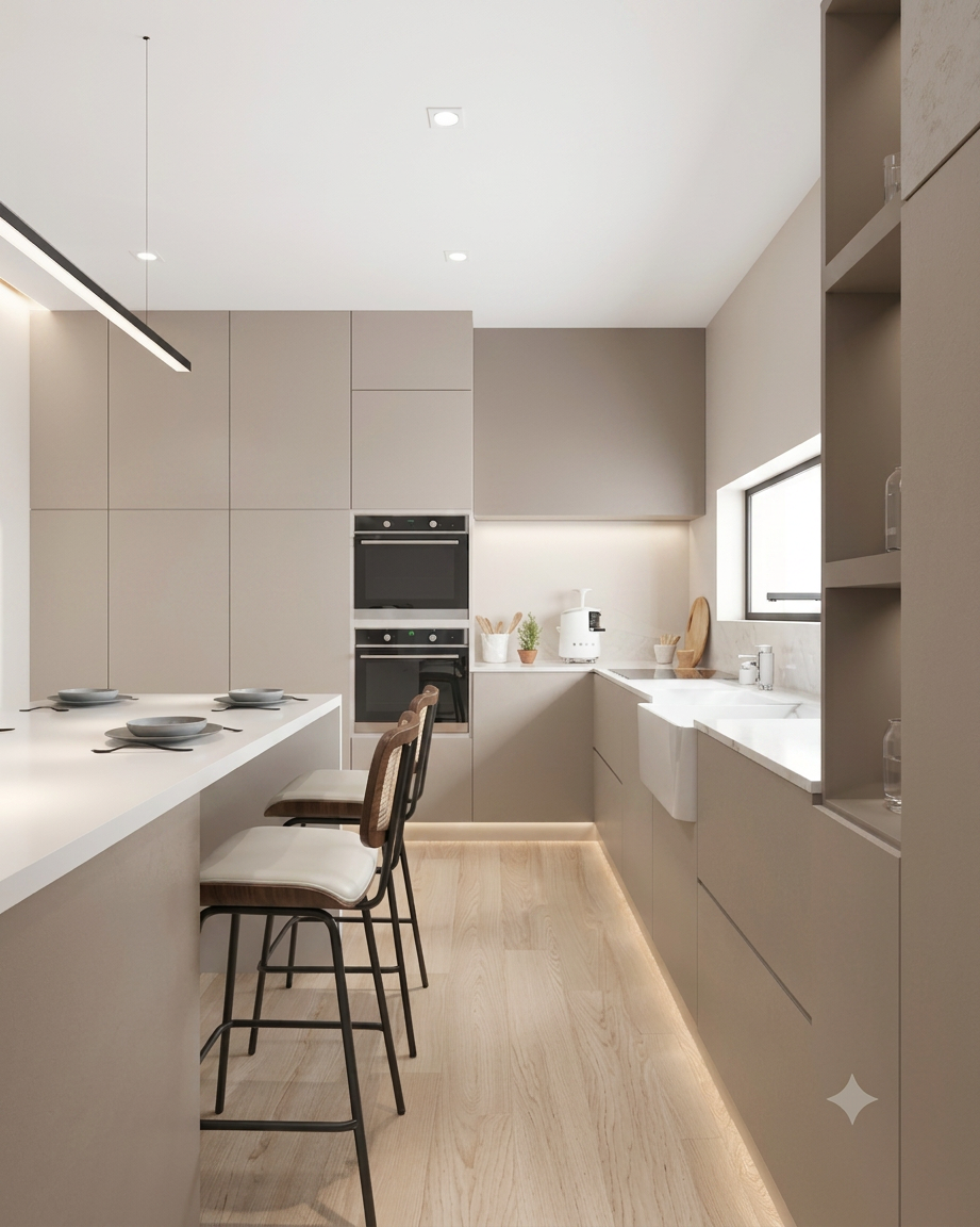 Cozinha em tons taupe com bancada e bancos