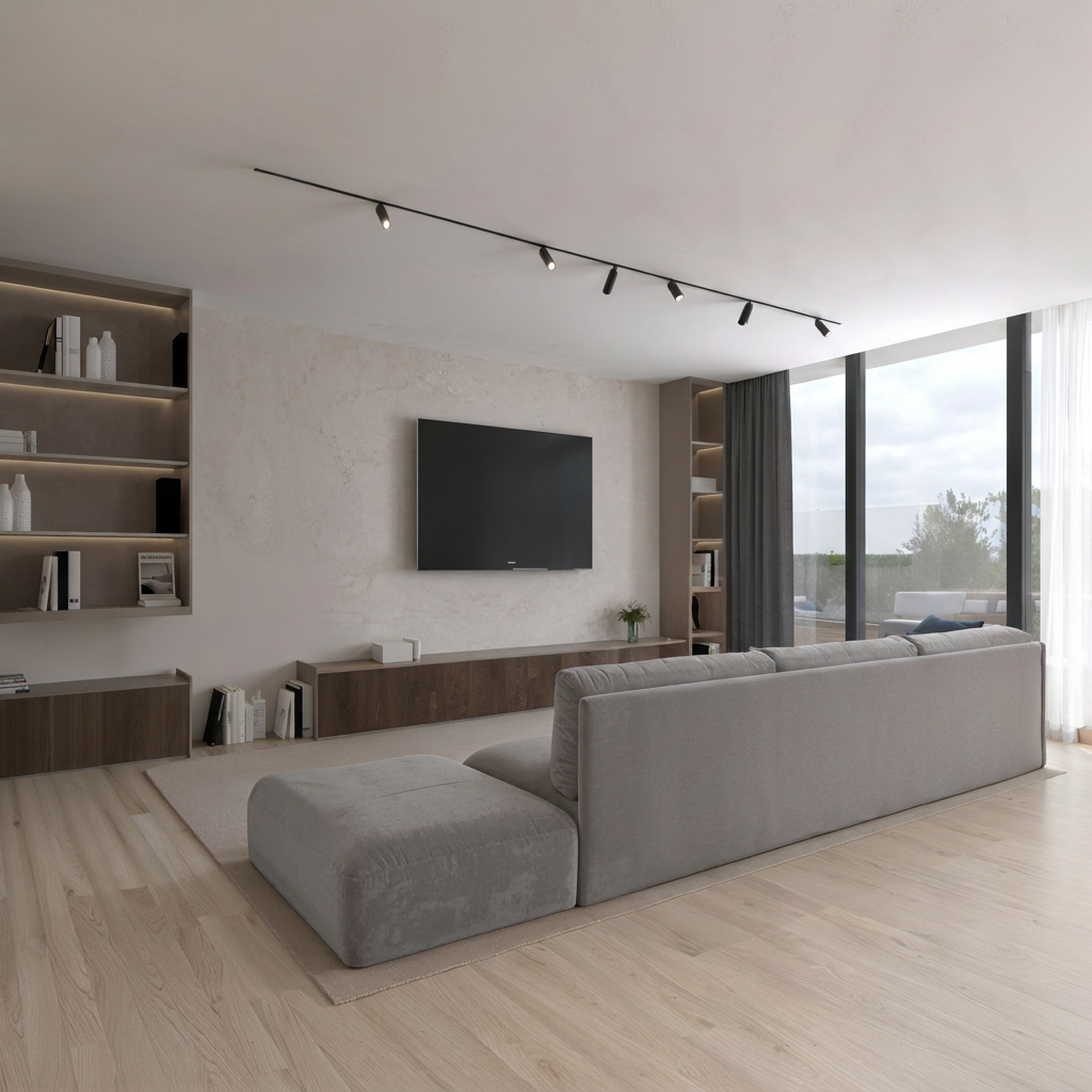 Sala de estar com móvel TV em madeira e grandes envidraçados