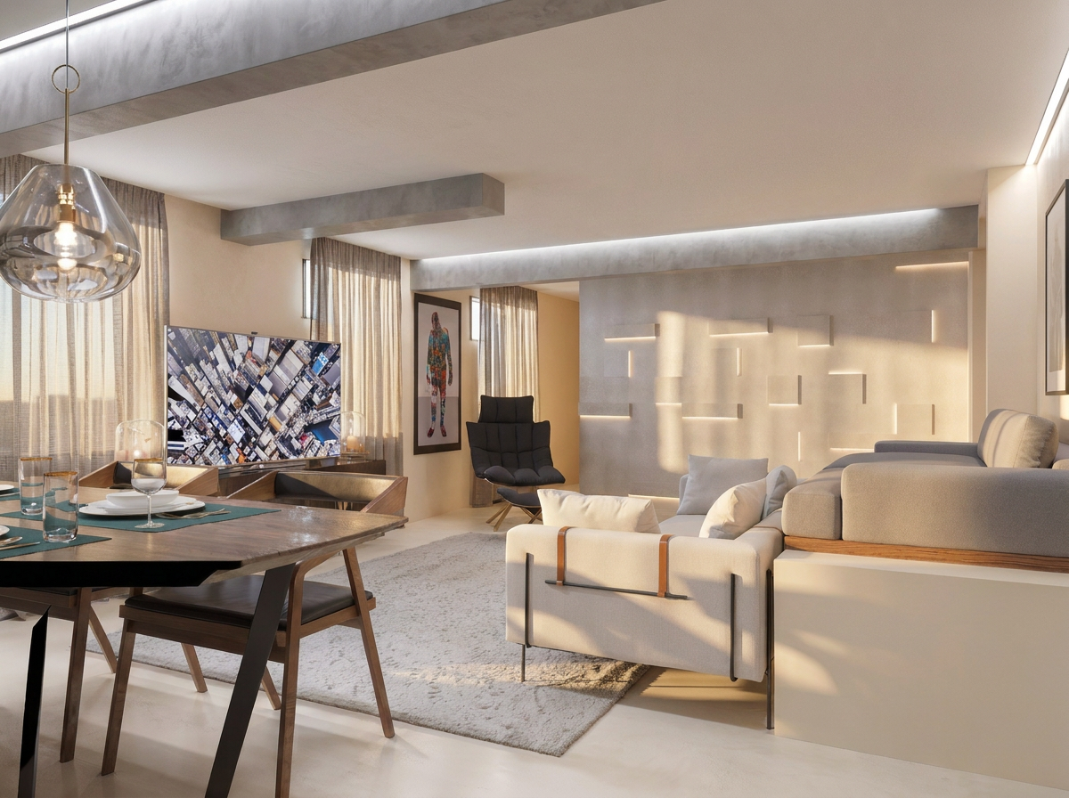 Sala de estar em Cascais com sofá modular e painel decorativo iluminado