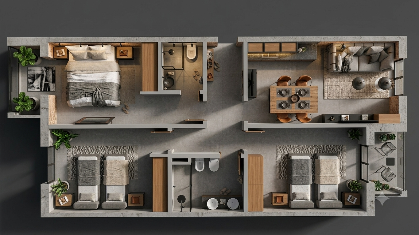 Planta humanizada — apartamento em tons cinza com quartos e cozinha aberta