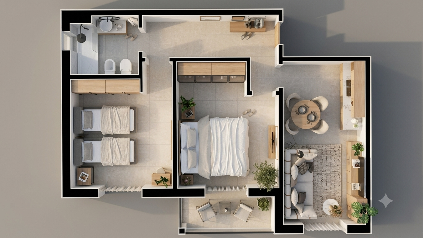 Planta humanizada — T2 com sala, quartos e casas de banho